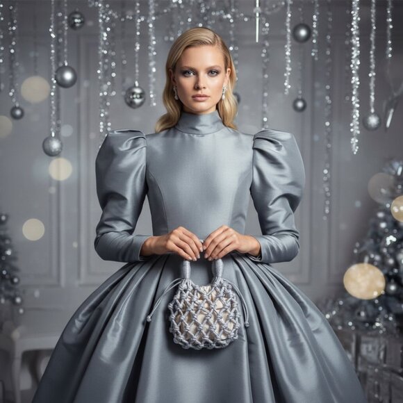 Silver Macramé Mini Bag with Drawstring Pouch Elegant Statement Accessory - Picture 3 of 10